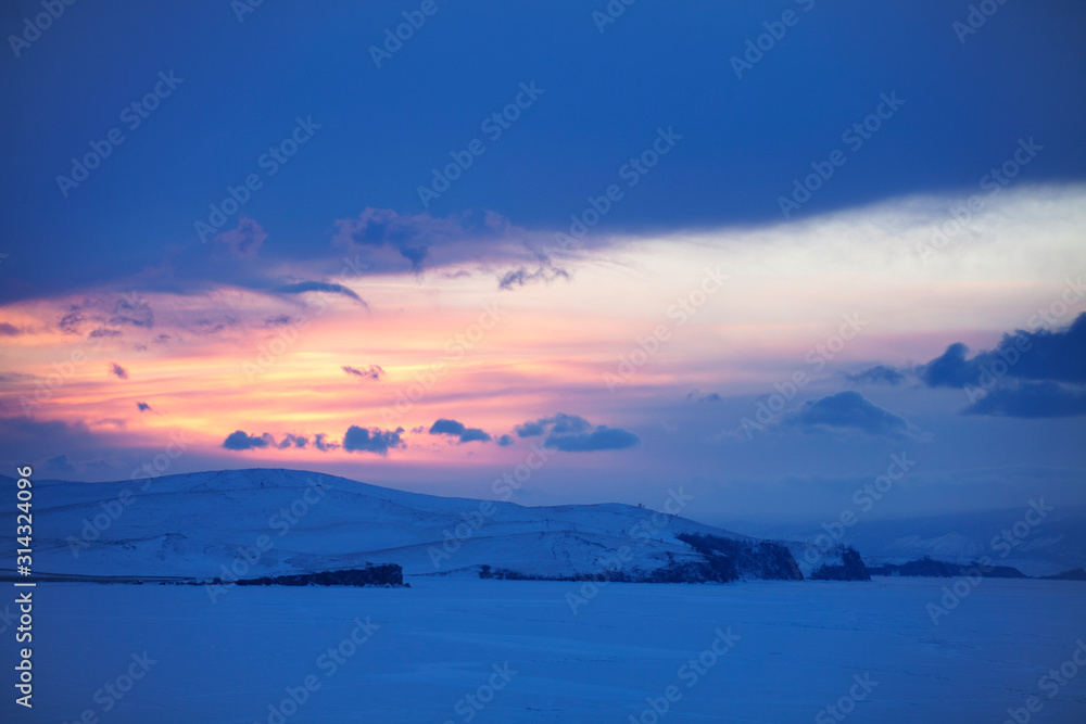 Fototapeta premium View from Cape Burhan. Baikal Lake winter landscape
