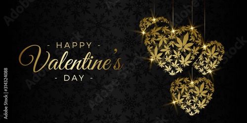 Happy Valentine's day vector background with heart and cannabis leaves