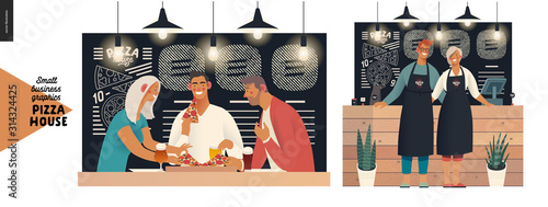 Pizza house -small business graphics -visitors and owners. Modern flat vector concept illustrations - man and woman wearing aprons at the wooden counter, blackboard, chalk lettering, customers