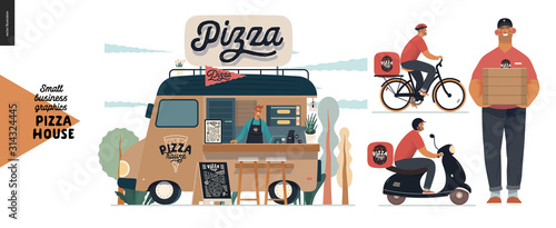 Pizza house - small business graphics - delivery. Modern flat vector concept illustrations of a street food truck with a seller inside, pavement sign. Pizza guy, transportation by bicycle and scooter