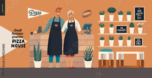 Pizza house - small business graphics - owners. Modern flat vector concept illustrations - man and woman wearing aprons standing at the wooden counter, interior decoration - shelves, furniture, plants