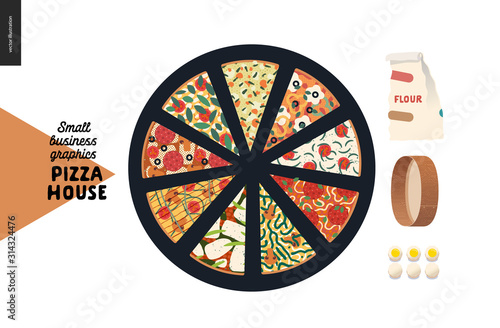 Pizza house - small business graphics - menu web icon. Modern flat vector concept illustrations - web icon menu - badge with various pizza kinds slices, flour, sieve, eggs - tools and ingredients