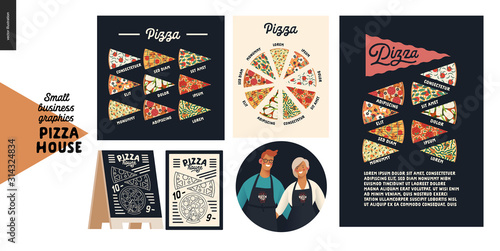 Pizza house -small business graphics - pizza posters. Modern flat vector concept illustrations -badge with man and woman, owners, wearing apron, pizza kinds posters, menu, blackboard, various slices