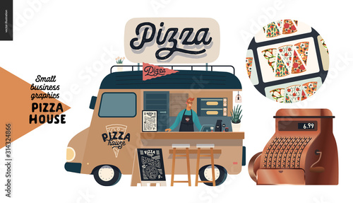Pizza house - small business graphics - delivery. Modern flat vector concept illustrations of a street food truck with a seller inside, in the park, pavement sign. Pizza guy, cash register, gift cards