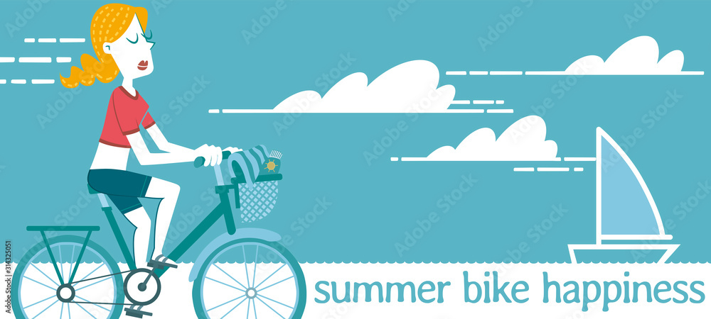 Summer bike happiness. Illustration of a woman taking a bike ride on a beautiful summer day. Summer bike happiness. Illustration of a woman taking a bike ride on a beautiful summer day.