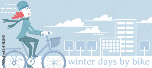 Winter days by bike. Illustration of a woman taking a bike ride on a winter day.