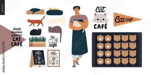 Cat cafe -small business graphics -owner, cats and cookies. Modern flat vector concept illustrations - man wearing apron petting a cat, interior decoration, cookies in cat shape, logo, cats