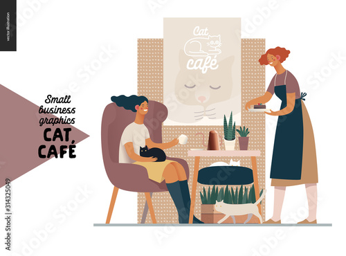 Cat cafe -small business graphics -visitor and waitress. Modern flat vector concept illustrations - young woman petting a cat at the table inside the cafe and a waitress bringing a cake.