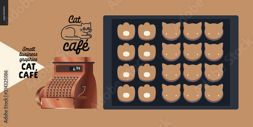 Cat cafe -small business graphics -cat shape cookies. Modern flat vector concept illustrations - cafe logo, black bake sheet with cookies in shape of cat heads and paws, cash register