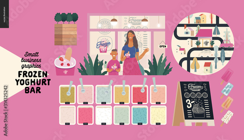 Frozen yoghurt bar - small business graphics - customers -modern flat vector concept illustrations - visitors - smiling woman waving hand and a boy holding cups of youghurt, range of ice cream, map