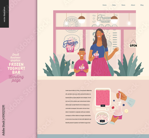Frozen yoghurt bar - small business graphics - landing page design template. Modern flat vector concept illustrations - visitors - smiling woman waving hand and a boy holding cups of youghurt