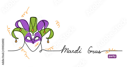 Mardi Gras joker.  Party, carnival vector minimal banner with  joker mask and lettering Mardi Gras.
