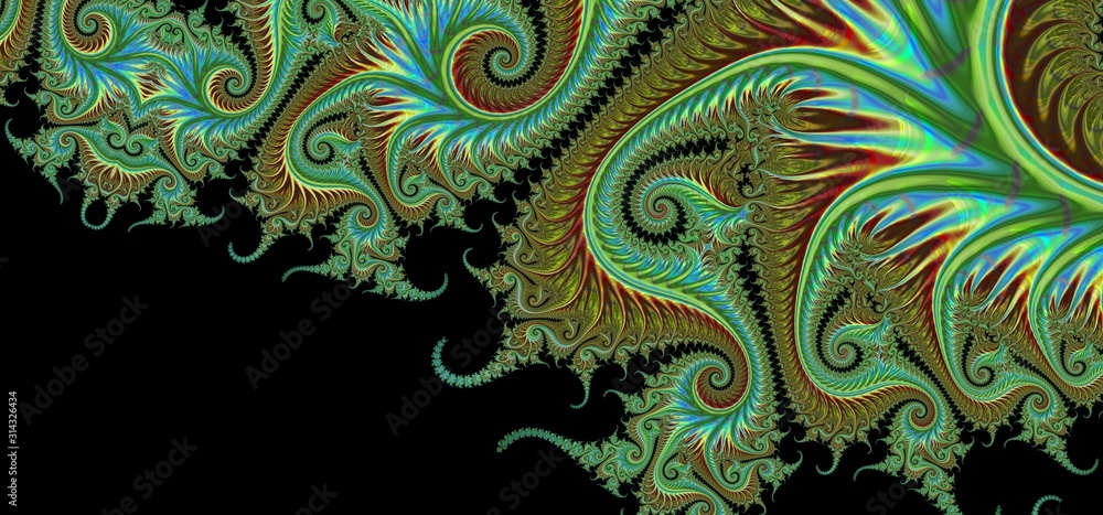 Satin Filigree Recursion Flourish - Wide Abstract Fractal Green Helix Background