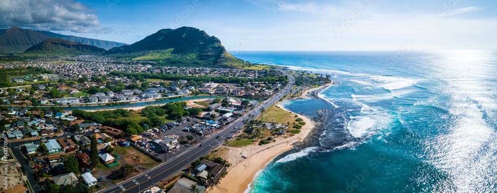 Aerial panorama of the west coast of Oahu island, Hawaii