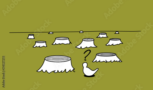 Bird watching a landscape of felled trees. Deforestation, environmental damage, sustainability. Cartoon vector illustration.