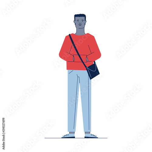 Cartoon dark skinned guy in casual with bag