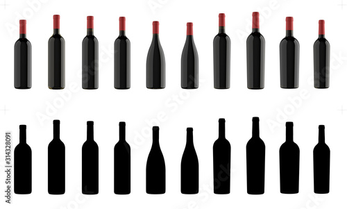 Types of wine bottles isolated for packShot mockups realization, including the Alpha Channel mask. 3d rendering.
