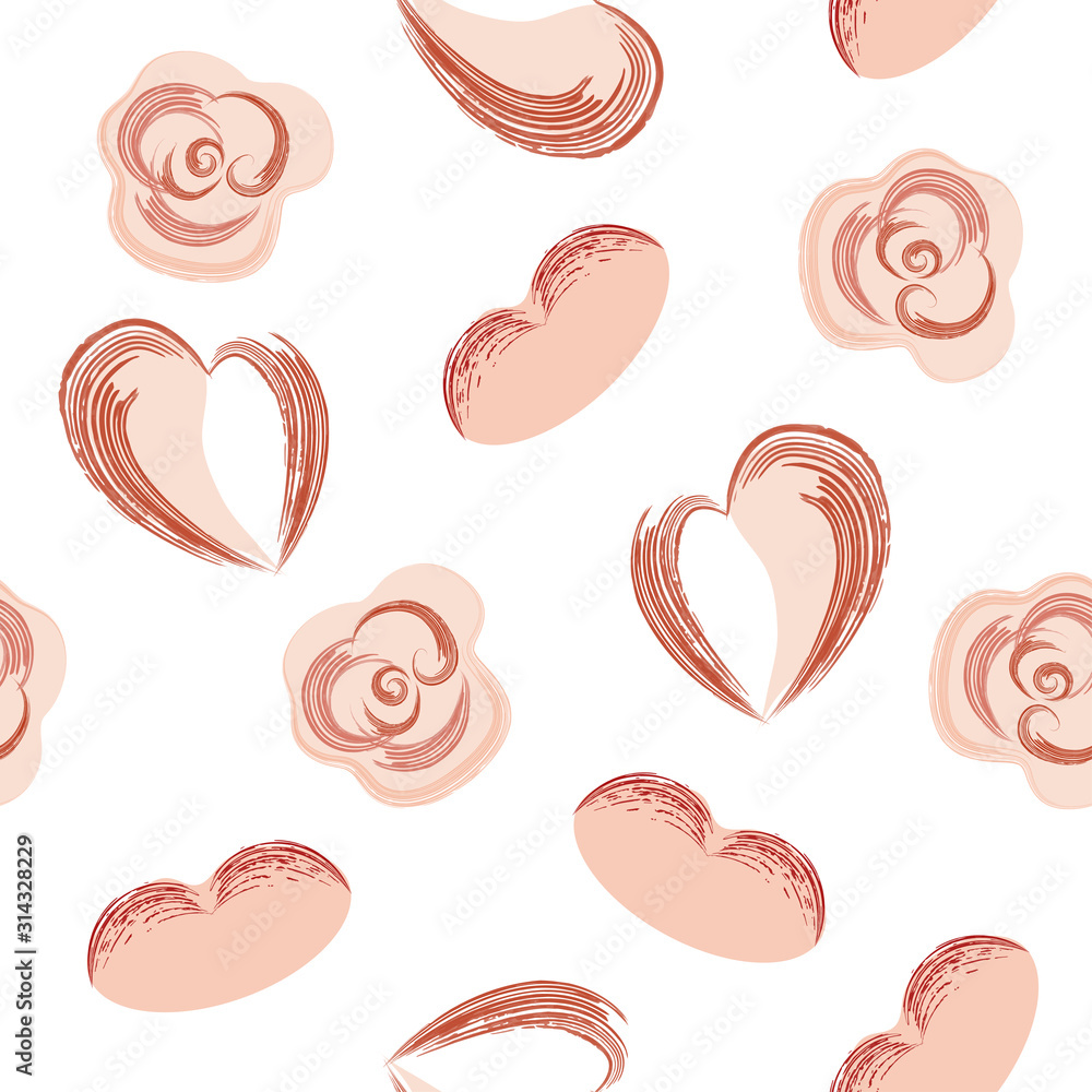 Vector seamless pattern with doodle love symbols, hatched spots, hearts, roses. White Background Vector seamless pattern with doodle love symbols, hatched spots, hearts, roses. White Background