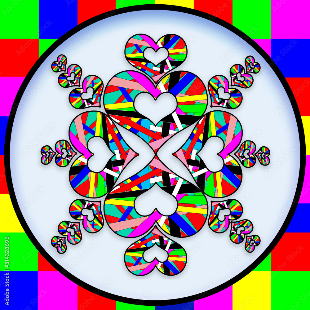 Geometric Hearts, Kaleidoscope-like designs in multi bright colors and shapes. Ideal for Valentine's Dy Geometric Hearts, Kaleidoscope-like designs in multi bright colors and shapes. Ideal for Valentine's Dy