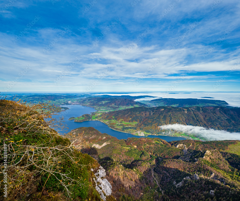 Picturesque autumn Alps mountain lakes view from Schafberg viewpoint, Salzkammergut, Upper Austria.