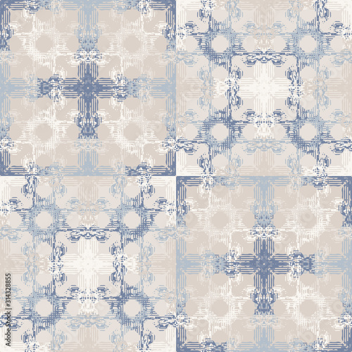 Grey french linen vector ceramic tilee texture seamless pattern. Square mosaic azulejos. Grunge shabby chic abstract background. Country farmhouse style. Irregular distressed mark allover print