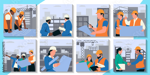 Building industry concept. Set of eight drawings showing structural engineers and architects in hardhats at work n building sites, colored vector illustration