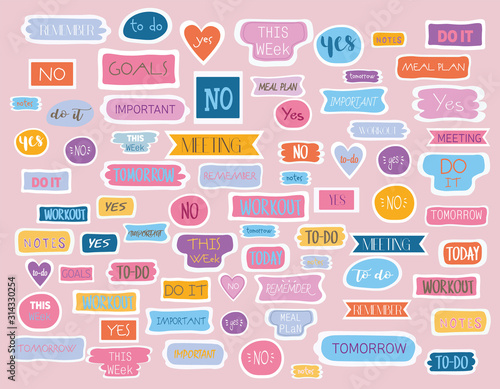 Large collection of tags for a fashion planner or organizer with assorted times of day, to do lists and no and yes icons on a pink background, vector design elements