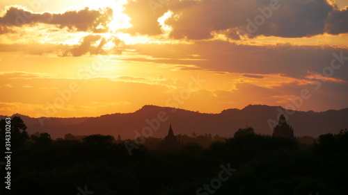 panorama of beautiful sunset over Bagan temple plain, Myanmar, Asia 