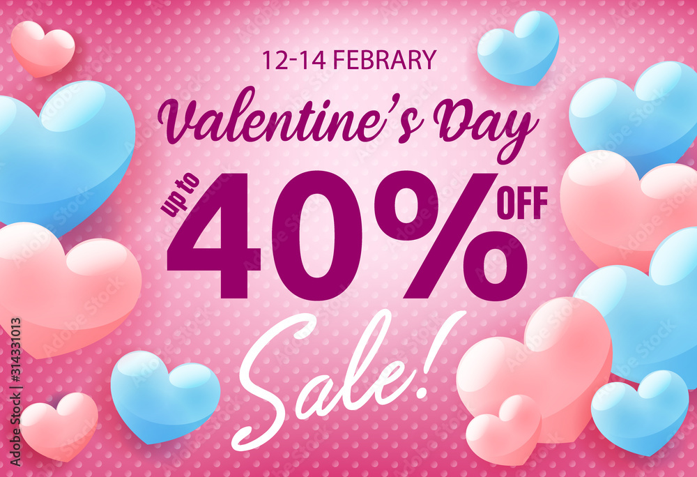 Valentines day shopping sale invitation poster, advertising banner with pink hearts on blue background, vector illustration.