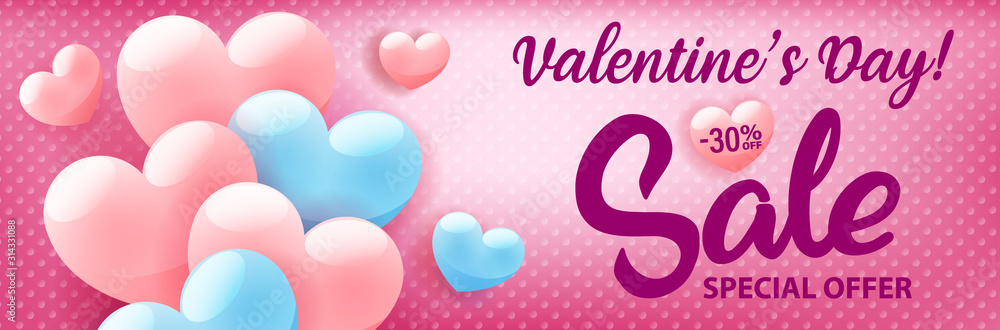 Valentines day shopping sale invitation advertising banner with pink hearts on blue background, vector illustration.