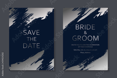 Set of modern grunge luxury wedding invitation design or card templates for business or presentation or greeting with silver paint brush strokes on a navy blue background.