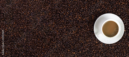 cup of cappuccino with coffee beans background panorama banner 