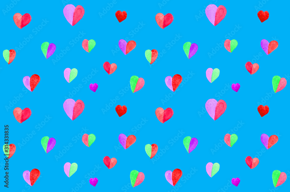 seamless watercolor hearts pattern on vibrant blue background - valentines wrapping or cute fabric print