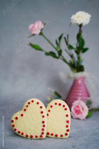 Fototapeta Naklejka Na Ścianę i Meble -  Homemade Valentineheart shapped cookies with copy space