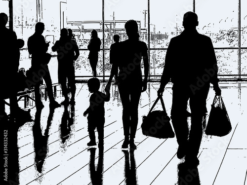 Vector illustration of silhouettes traveling people in airport hall