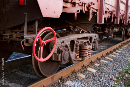 Red brake wheel in a railway train.