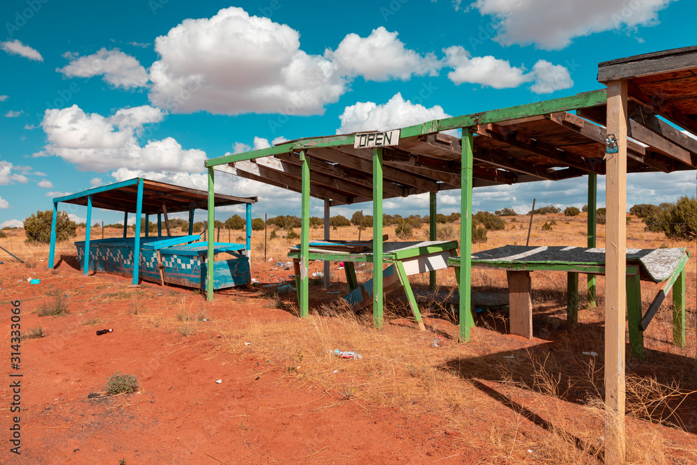 Colorful abandoned market stalls somewhere along the highway in Utah