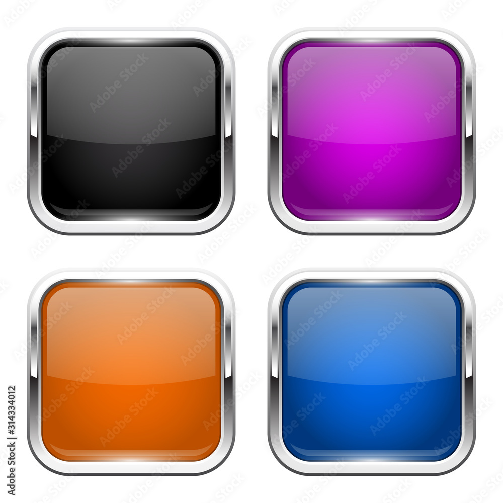Push buttons. Glass colored square icons with chrome frame Push buttons. Glass colored square icons with chrome frame
