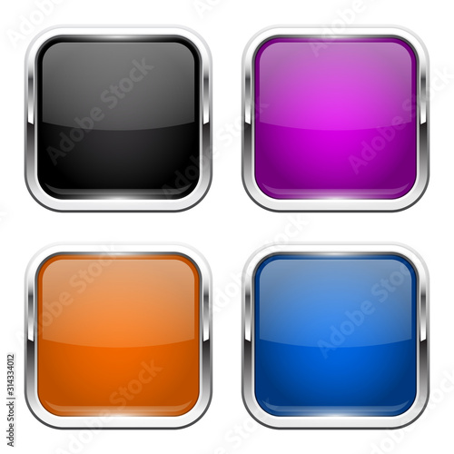 Push buttons. Glass colored square icons with chrome frame
