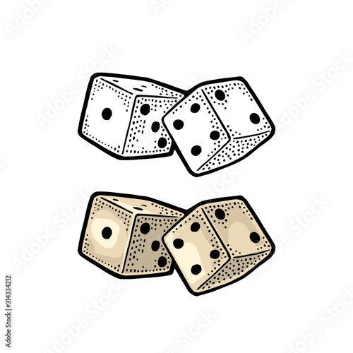 Two white dice. Vintage color vector engraving illustration