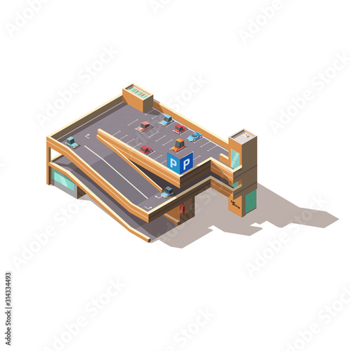Multilevel, multistorey car parking with city automobiles standing at outdoor parking area on roof, underground level isolated, isometric vector. Urban transport infrastructure element illustration