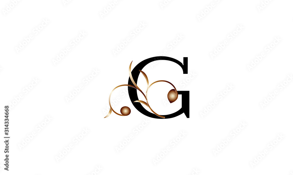 Elegant letter G in black with a botanical metallic element. Vector logo design. Alphabet label sign for brand and identity. Elegant letter G in black with a botanical metallic element. Vector logo design. Alphabet label sign for brand and identity.
