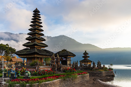 Pura Ulun Danu Bratan, Hindu temple on Bratan lake morning landscape, one of famous tourist attraction in Bali, Indonesia