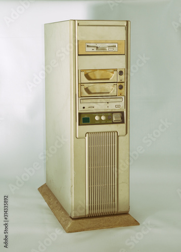 Obsolete oldish dirty computer desktop tower.