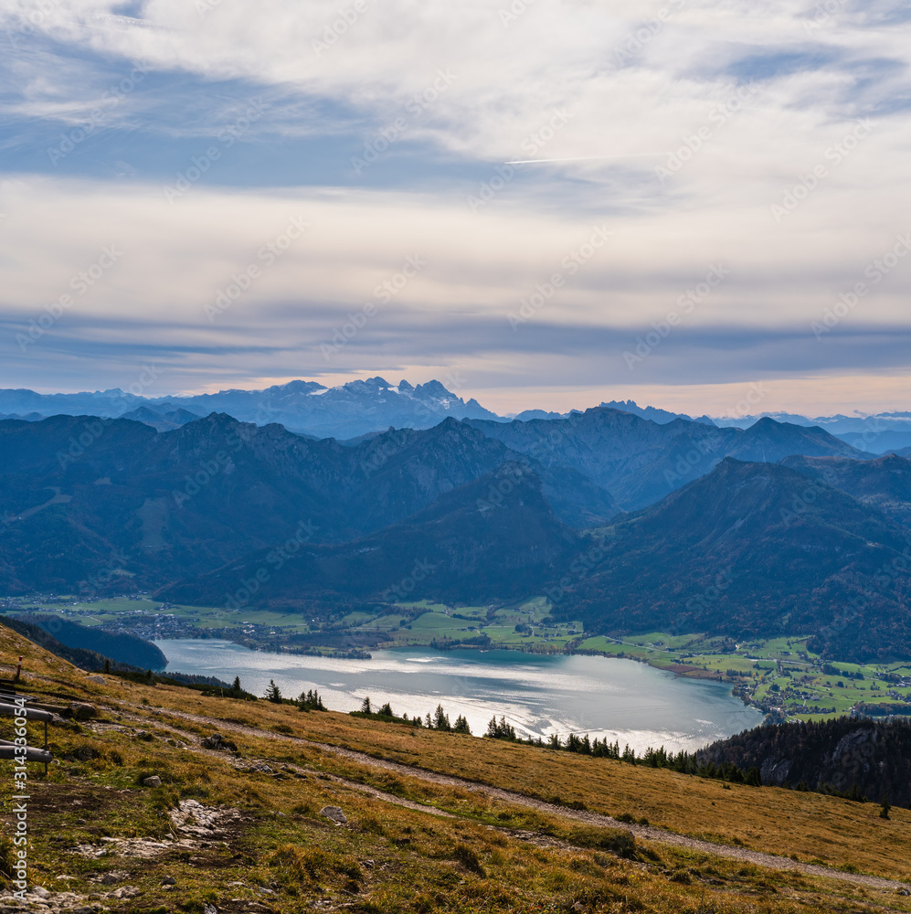 Picturesque autumn Alps mountain lakes view from Schafberg viewpoint, Salzkammergut, Upper Austria.