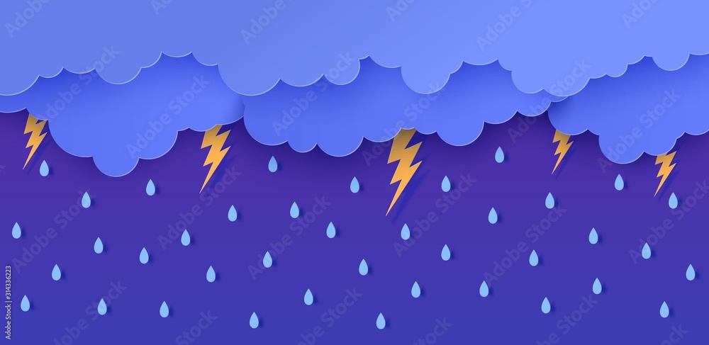 Rain thunder lightning and clouds in the paper cut style. Vector storm ...