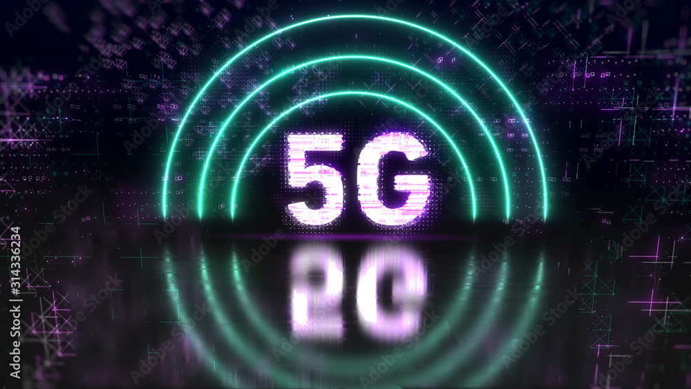 5G mobile network and internet concept symbol. Neon glitch sign