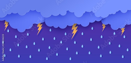 Rain thunder lightning and clouds in the paper cut style. Vector storm weather concept with falling water drops from the cloudy sky and flash. Storm papercut background horizontal banner.