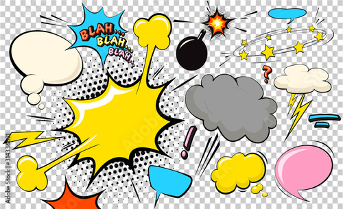 Pop art cloud bubble. Smile, wow, pow, cool, ok, oops, wtf funny speech bubble. Trendy Colorful retro vintage background in pop art retro comic style. Illustration easy editable for Your design.