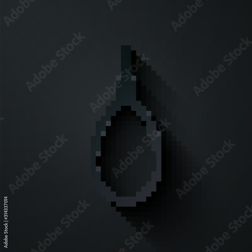 Paper cut Gallows rope loop hanging icon isolated on black background. Rope tied into noose. Suicide, hanging or lynching. Paper art style. Vector Illustration